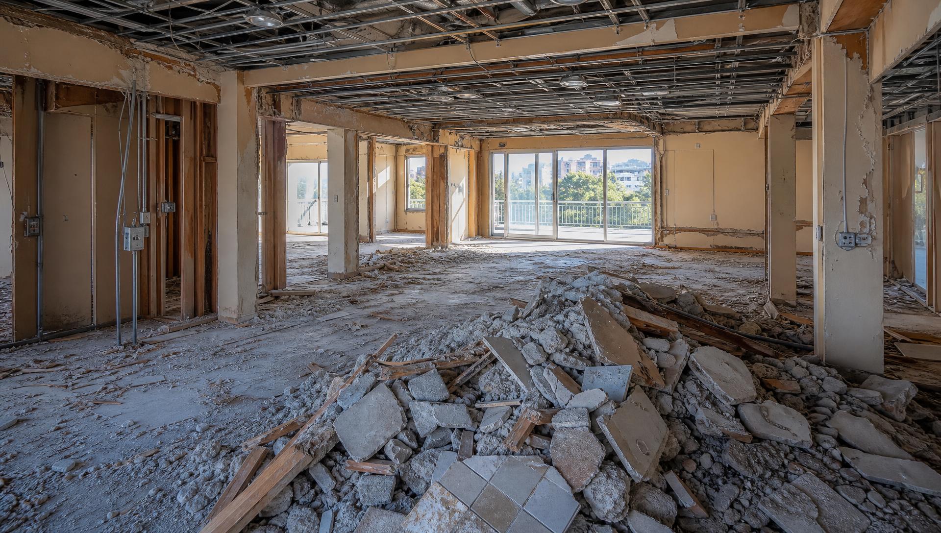 High-resolution interior demolition site with concrete and tile rubble pile in a gutted open-concept unit, exposed ceiling channels and balcony doors in the background